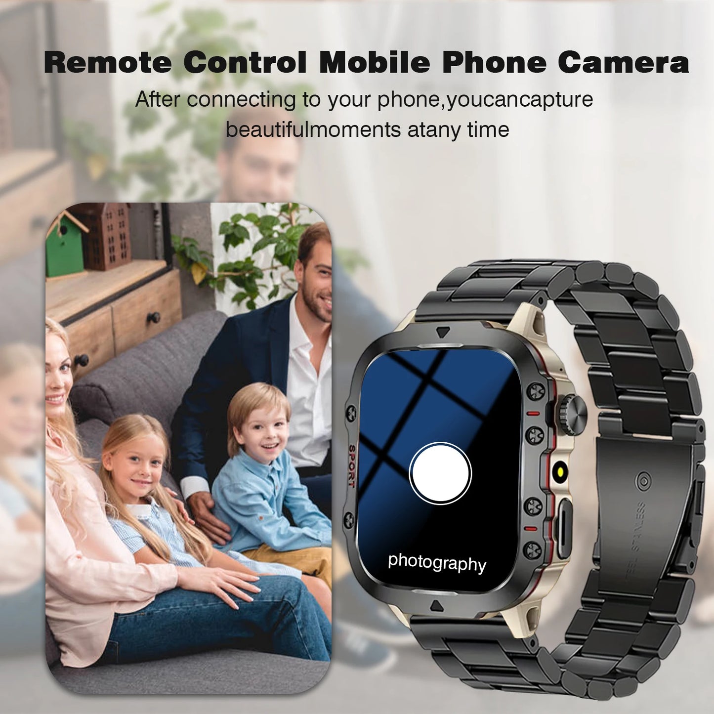Smart Watch with Flashlight, Bluetooth Calling, Message Reminder, Stainless Steel Strap, Compatible with IPhone/Android
