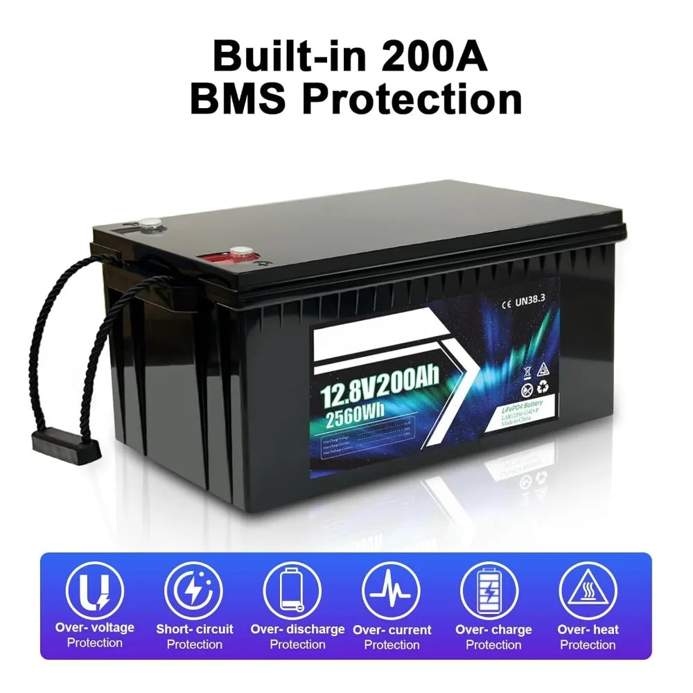 12V 200Ah LiFePO4 Battery with Built-in 200A BMS 4000+ Deep Cycle 2560Wh RV Lithium Batteries Customizable for Solar Energy
