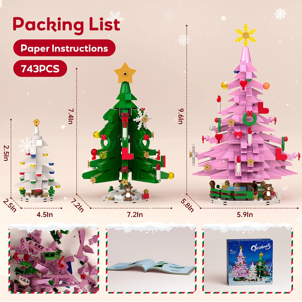 Three Christmas Trees with Led Strips Building Blocks Kit 743 PCS DIY Home Decor Assembly Toy Holiday Gift for Kids New Year Set