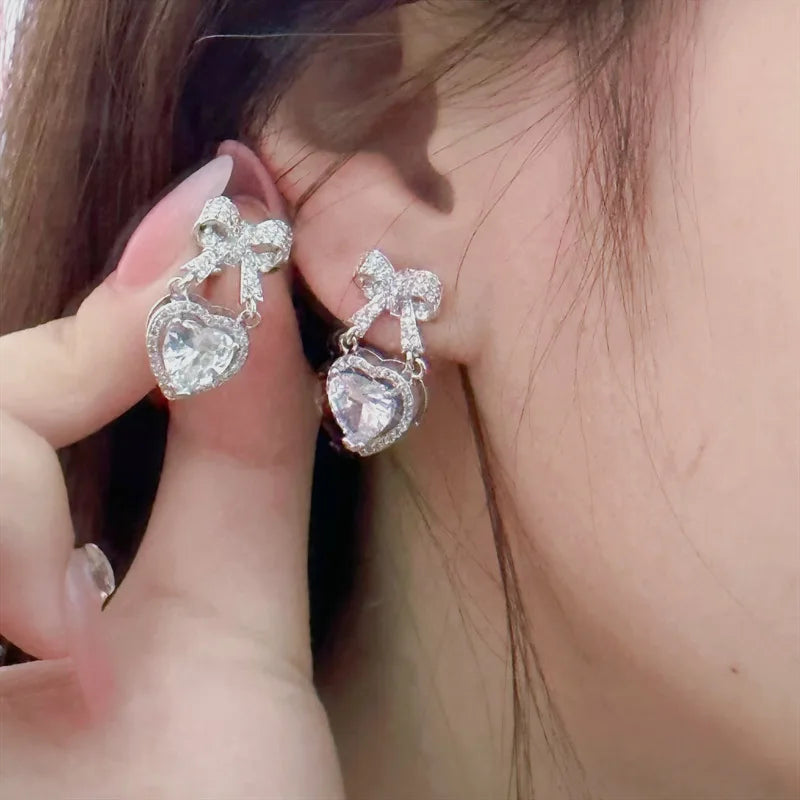 MDL Moissanite Style Sparkling Color Gems Rainbow Color Heart Drop Earrings 18K Gold Plated Heart Ribbon Zirconia