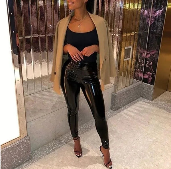 Pants women 2025 casual Spring summer patent leather mid-waist thin tight pink stylish commuting trousers PU leather tight pants