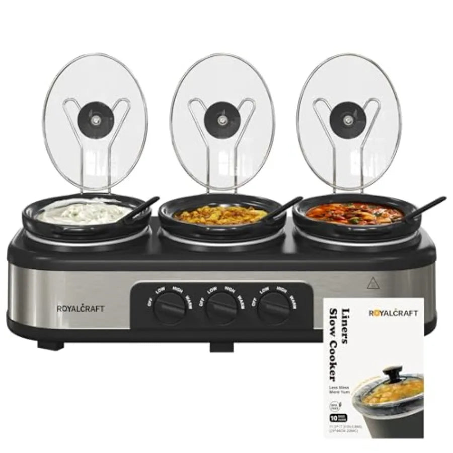 Triple Slow Cooker Buffet Server with 10 Cooking Liners Adjustable Temperature Settings Dishwasher Safe for Parties Holidays an