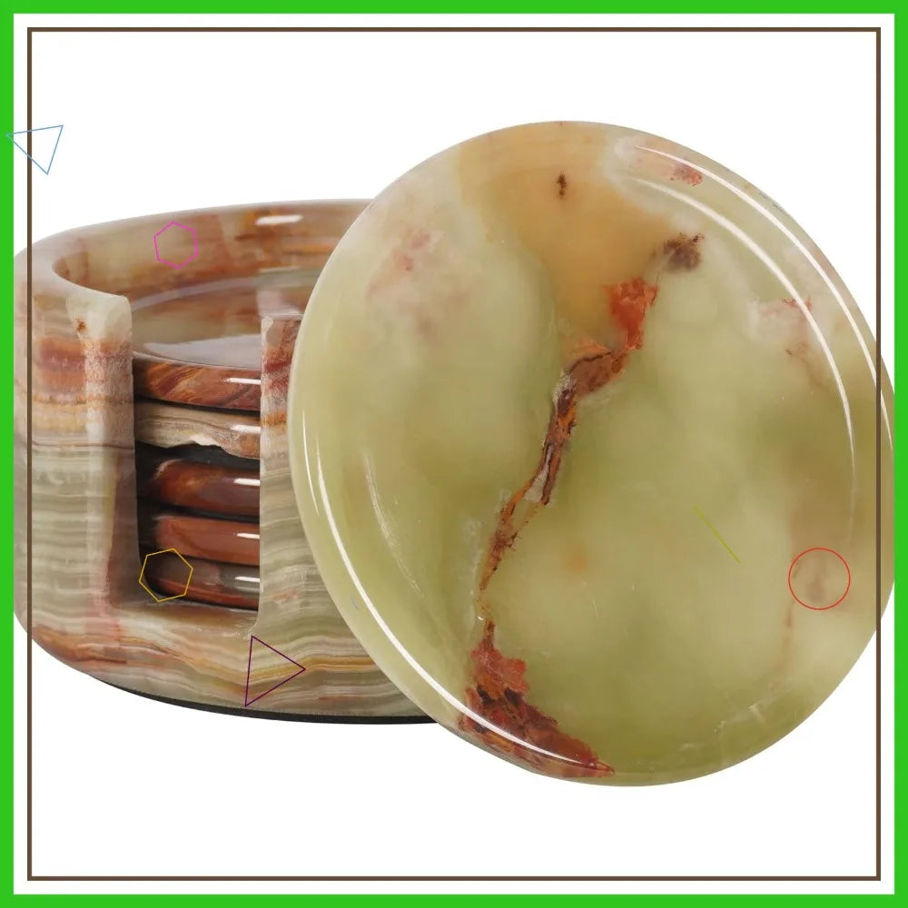 Green Onyx Marble Coasters Set of 6 with Holder, 3.5 Inch Round Drink Coasters for Table Decor