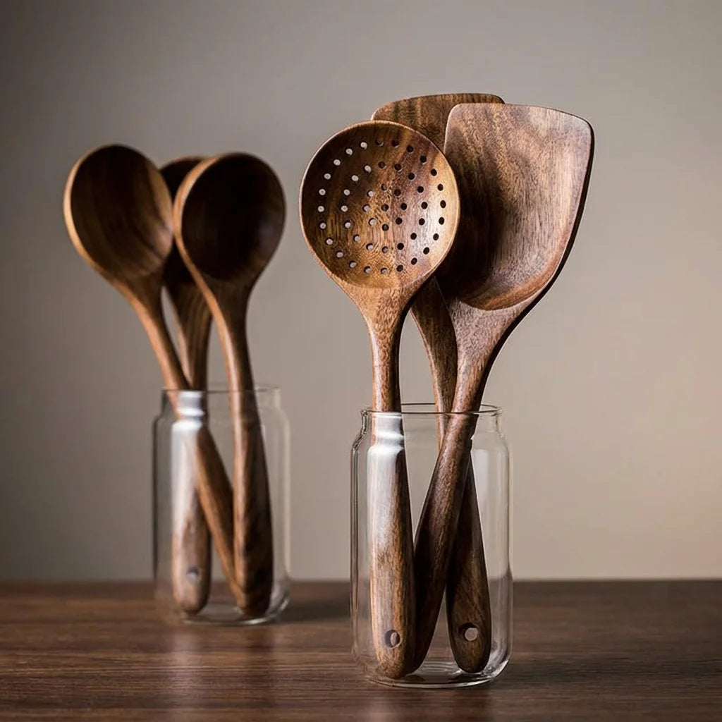 Home Full Kitchen Utensil Set 5 Pieces - Acacia Wood Heat Resistant Wok Spatula Soup Ladle Slotted Spoon Set Durable & Pan-Safe