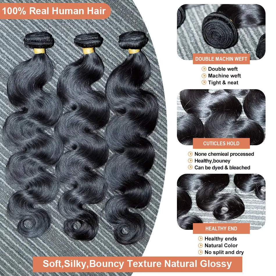 30 32 40 Inch Body Wave 3 4 Bundles Brazilian Remy 100% Unprocessed Raw Virgin Human Hair Wavy Double Bundles Weave Extensions