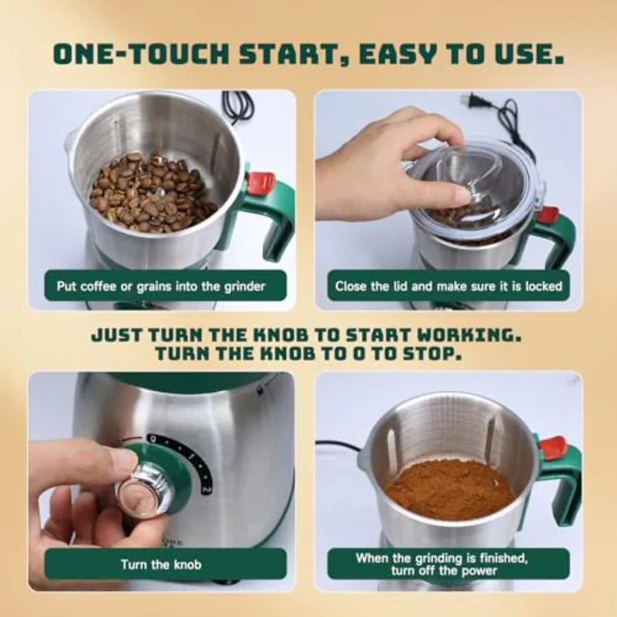 Electric Spice and Nut Grinders with 3 Stainless Steel Blades 1 Filter 1 Brush - 500W Kitchen Grinder for Dry Use Green