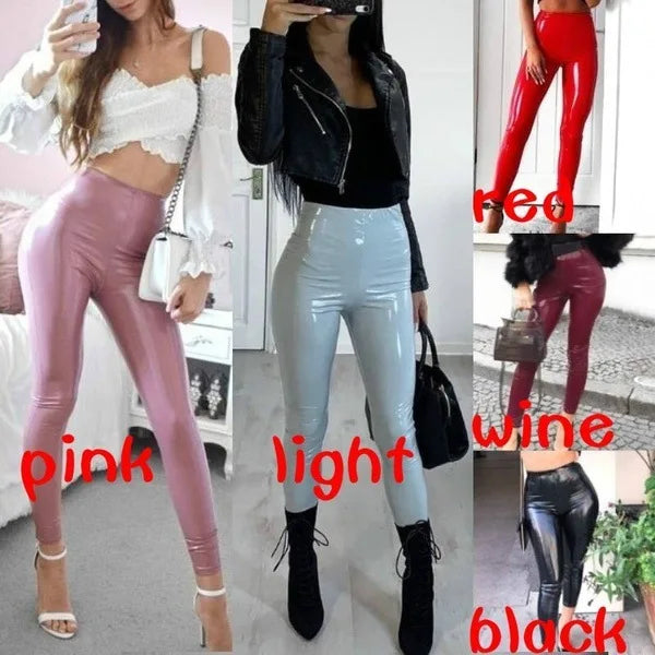 Pants women 2025 casual Spring summer patent leather mid-waist thin tight pink stylish commuting trousers PU leather tight pants