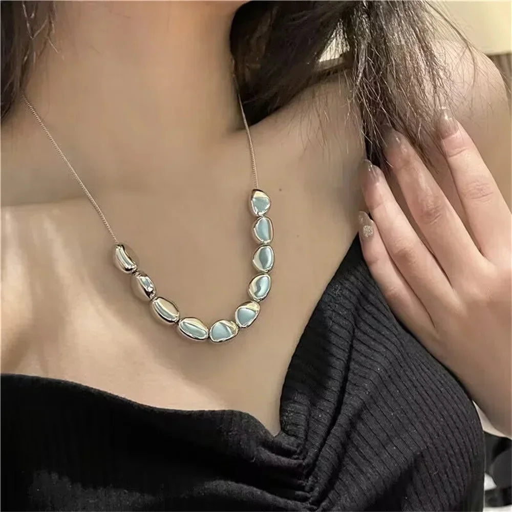 Vintage Silver-plate Geometric Exaggerated CCB Chain Necklace For Women Female Fashion Boho Artificial Pearl Y2K Jewelry Gift