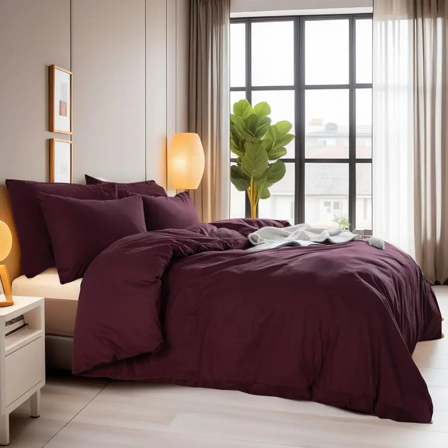 Duvet Cover Set Queen Size Linen Look Textured 100 Washed Cotton Duvet Cover Burgundy Dark Red 3 Pieces Bedding Set with Zipper