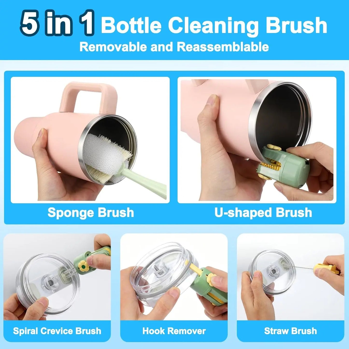 5-in-1 Multifunctional Bottle Brush Set with Straw Cleaners for Tumbler Cups and Kitchen Accessories