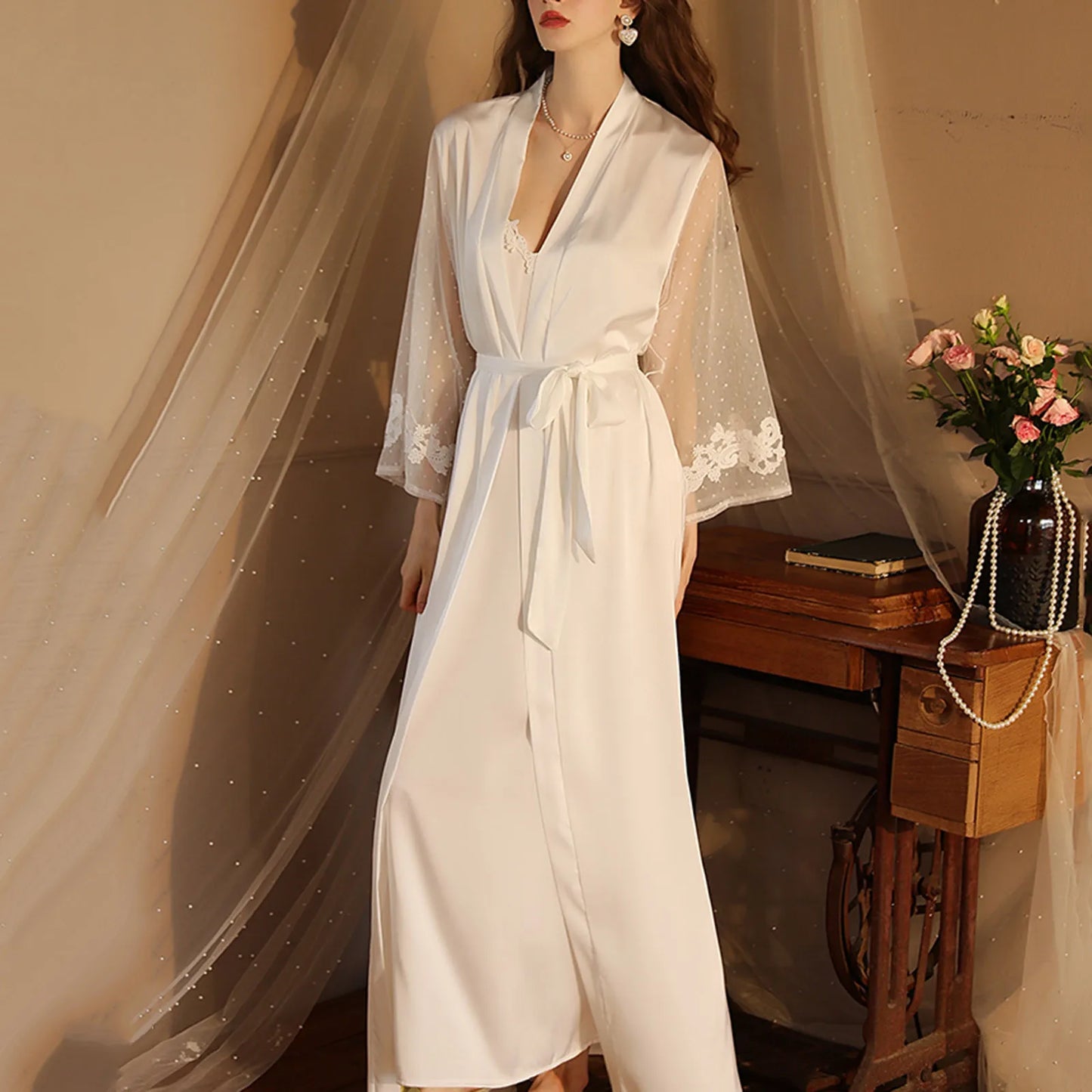 Sexy Silks Long Bathrobe Pajamas Women Nightgown Sets Robe Cardigan Luxury Night Gowns Loungewear High Quality Home Wear New
