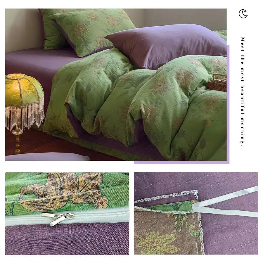 Linen Cotton Jacquard Duvet Cover Queen,3 Pcs YarnDyed Textured Duvet Cover Set Green Purple Floral Bedding Breathable, Natural