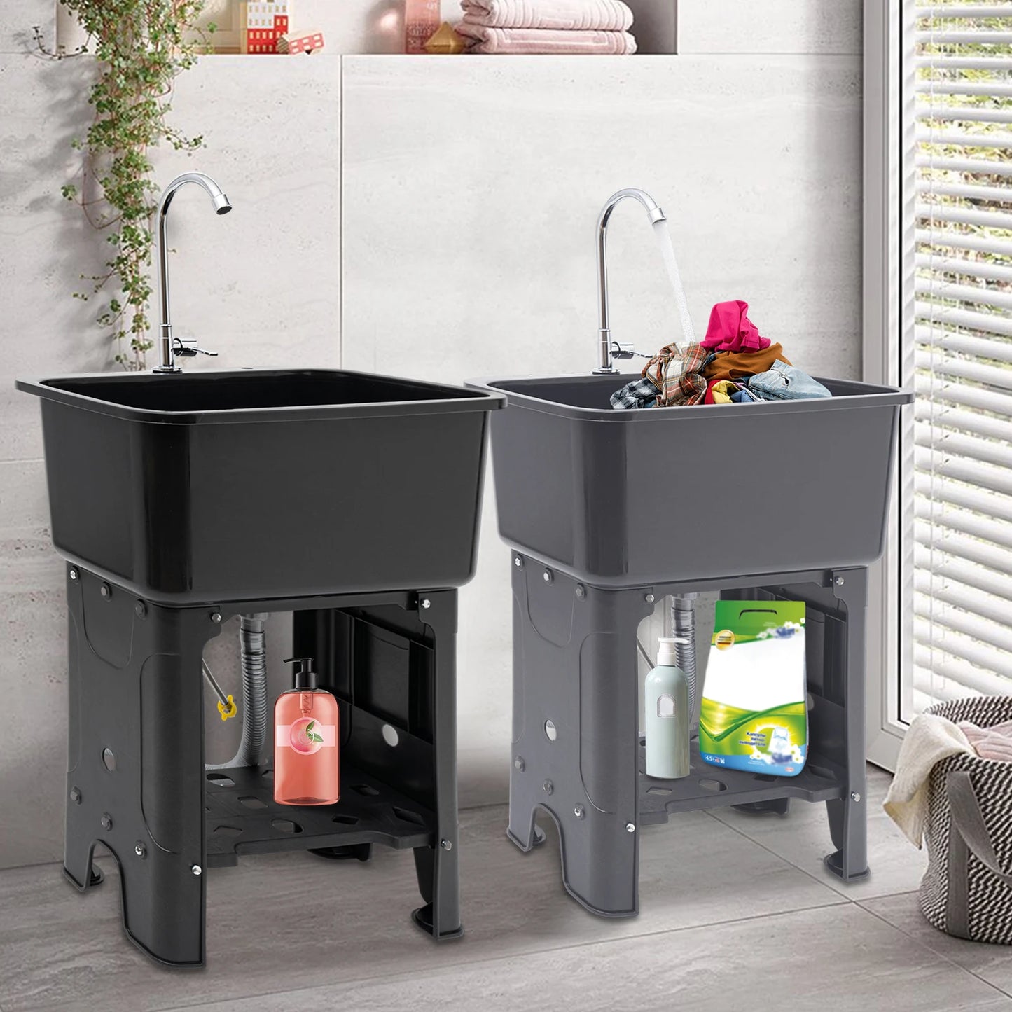 Utility Sink with 360° Faucet, 48L Large Capacity Laundry Sink for Cleaning Kitchen Garage, PP Freestanding Sink with Washboard