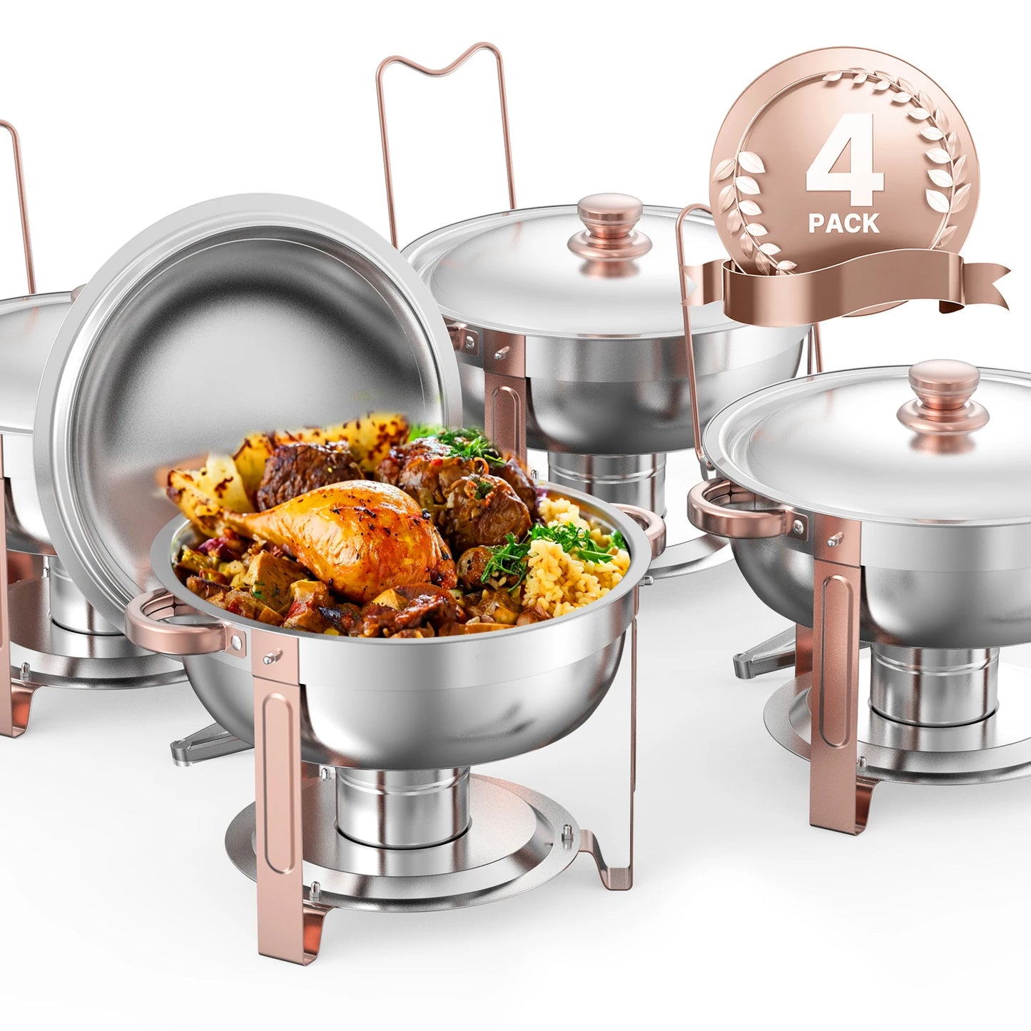 SucceBuy 5 Qt 4 Pack Chafing Dish Buffet Set Round Catering Warmer Server w/Lid Water Pan Folding Stand Clip for Wedding Party