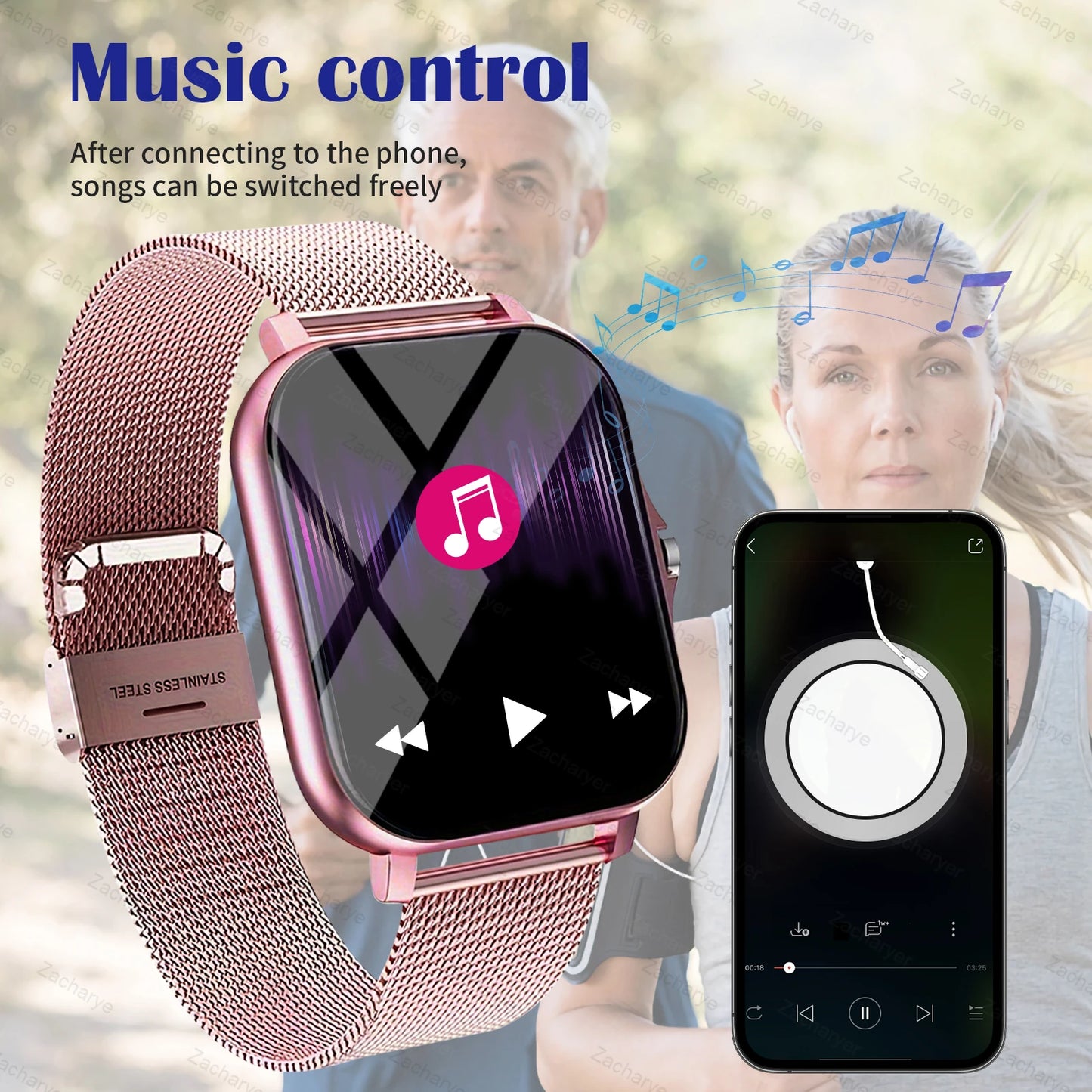 Smart fitness watch, wireless call, multiple exercise modes, SMS alerts, replaceable wallpaper, fitness tracker, outdoor sports