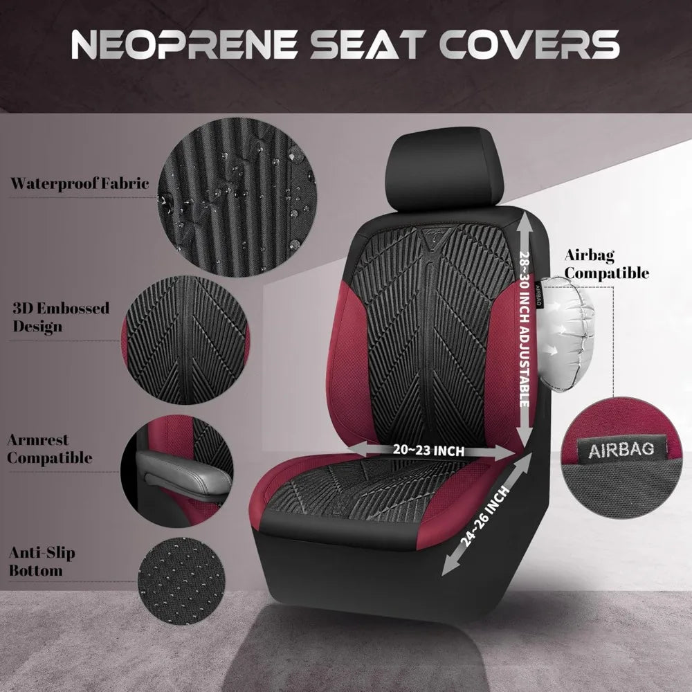 Waterproof Neoprene Car Seat Covers, Universal Fit for SUV Sedan Truck, Black Red Embossed Design
