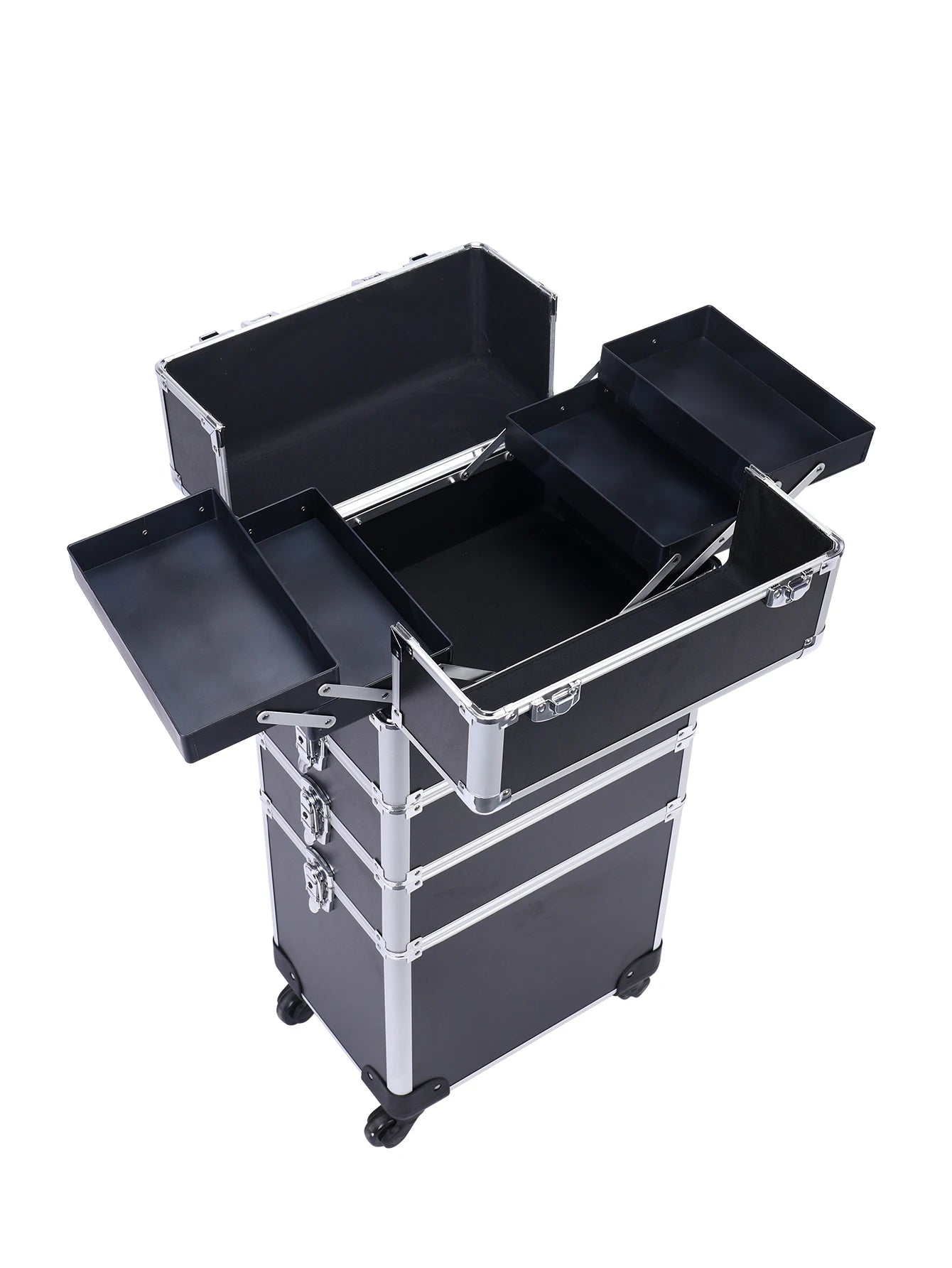 4 in 1 Professional Makeup Train Case Aluminum Rolling Cosmetic Case On Wheels Artist Makeup Organizer Storage with Trays