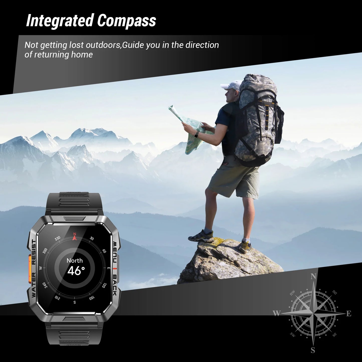 Waterproof W60 Outdoor Smart Watch with Emergency Lighting 2.01'' HD Display 900mAh Large Battery Smartwatch for Women Men Gifts