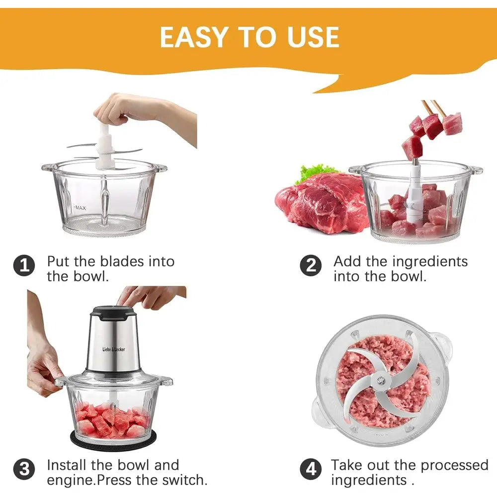 Meat Grinder with 2 Bowls 8 Cup and 8 Cup, Electric Vegetable Chopper with 4 Large Blades for Fruits, Meat, Vegetables, Baby Foo