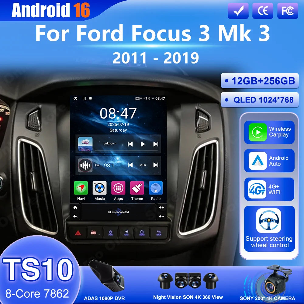 Android 16 Car Radio Stereo For Ford Focus 3 Mk 3 2011 2012 - 2019 Auto GPS Multimedia Player 2Din Wireless Carplay 4G WiFi BT