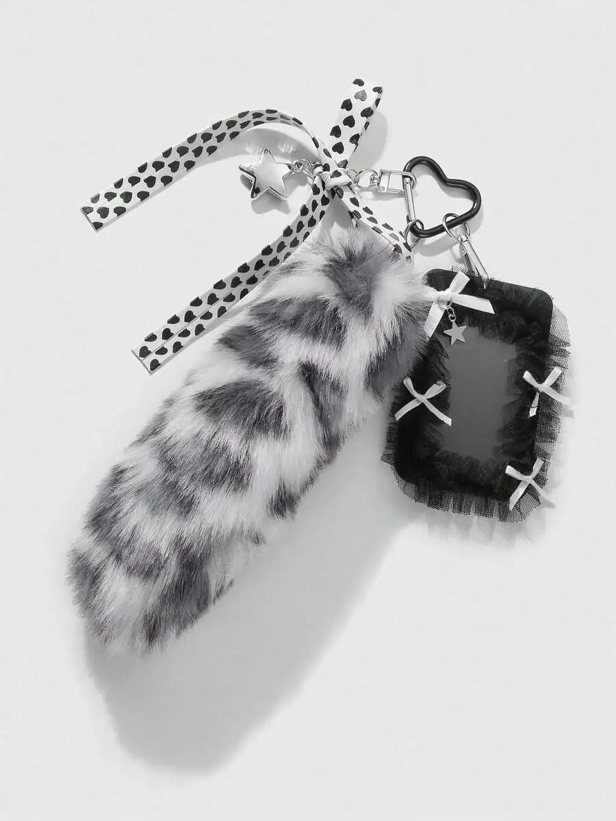 Black & White Faux Fur Ombre Tail Keychain with Tulle Card Holder and Heart Charm