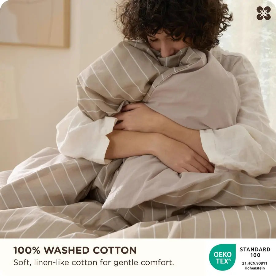 Striped Duvet Cover King Size,100 Washed Cotton Duvet Cover Linen Like Textured, Classic Striped Pattern Enhances Bedroom Comfor