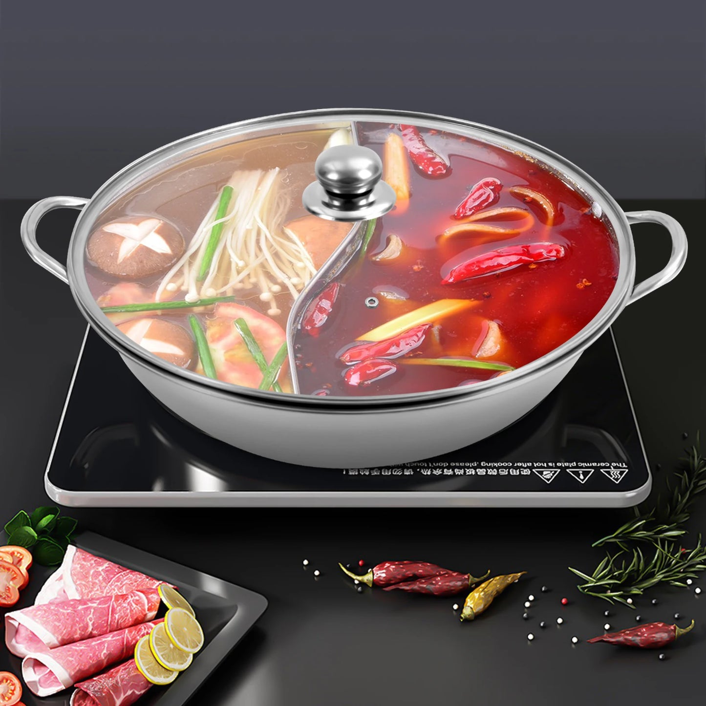Hign-concerned Shabu Shabu Pot With Divider Glass Lid Stainless Steel