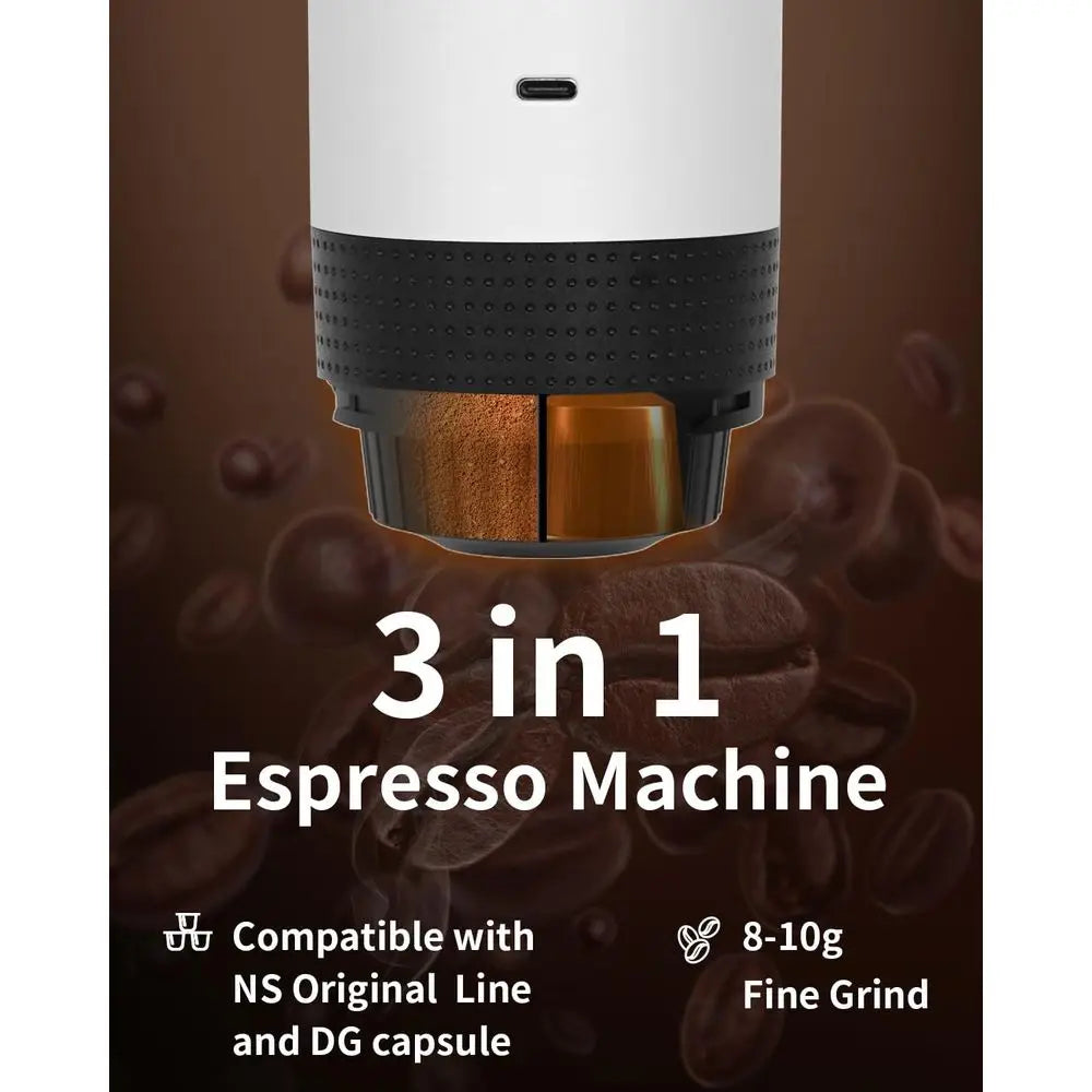 Portable Electric Espresso Machine, Travel Coffee Maker Brewer Compatible with Ground Coffee & NS Capsules (White LCD Screen)