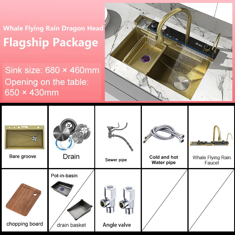 Stainless Steel Waterfall Kitchen Sink New Embossed Extra Large Single Slot Modern Digital Display Multifunctional Kitchen Sinks