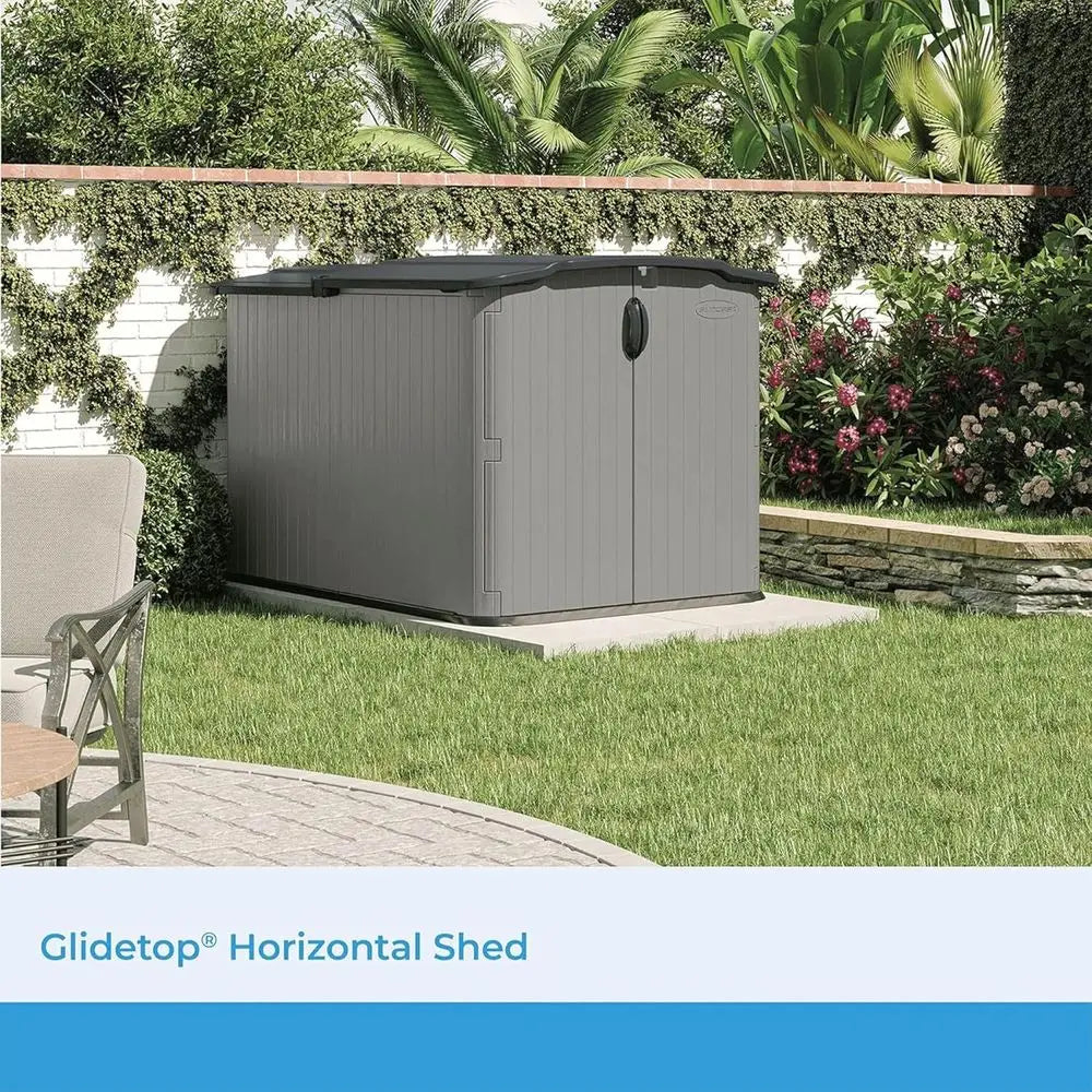 Horizontal Outdoor Storage Shed, 57.5x79.75x52, Sliding Lid Glidetop, Plastic Resin, Ideal for Bikes, Motorcycles, Lawn Mowers