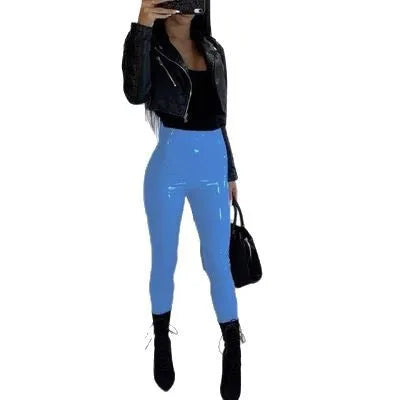 Pants women 2025 casual Spring summer patent leather mid-waist thin tight pink stylish commuting trousers PU leather tight pants