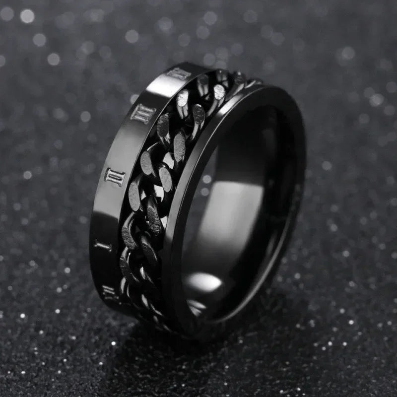 Roman Numerals Stainless Steel Chain Rotating Anxiety Black Rings For Men Fidget Metal Spinner  Ring Anillos De Hombre