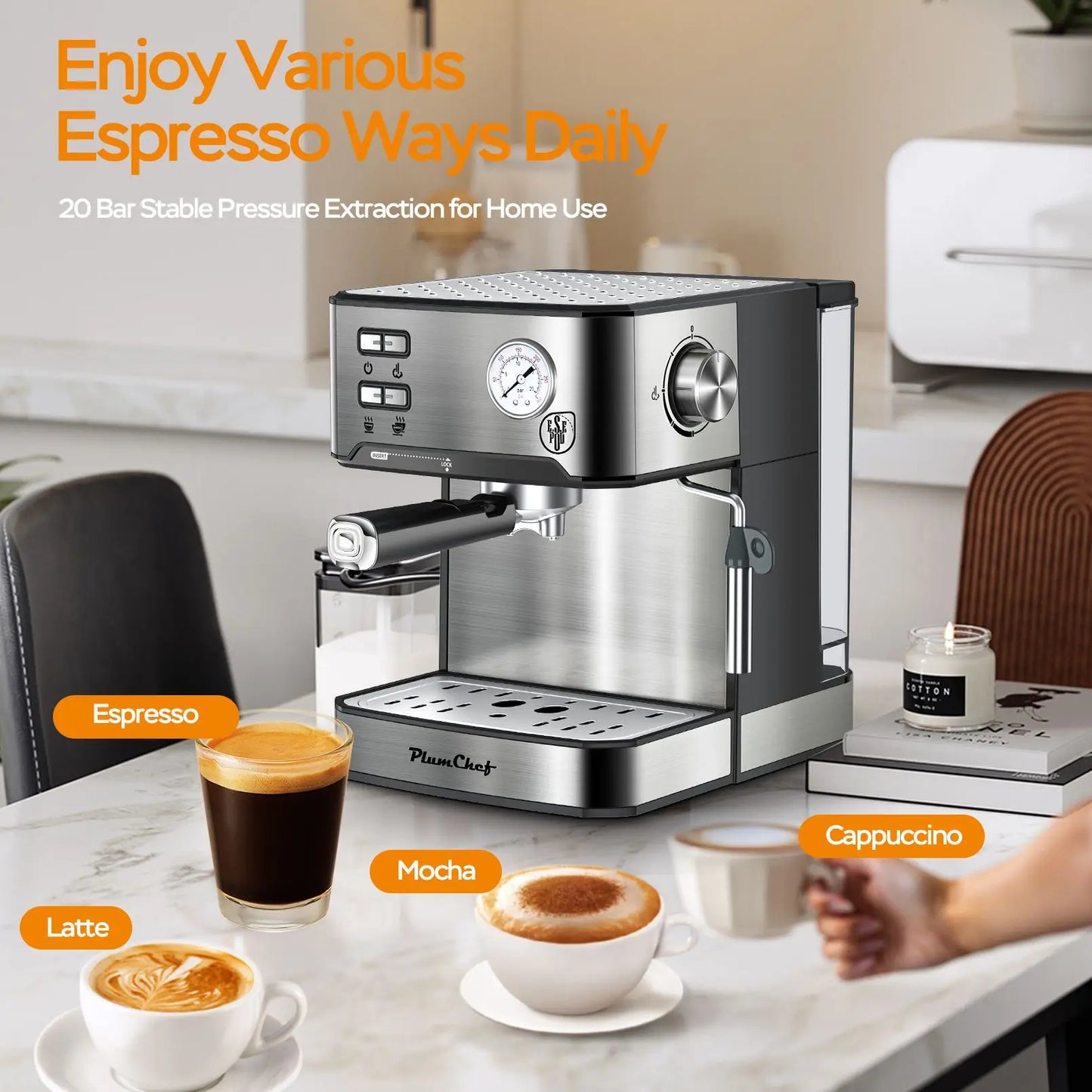 20Bar Household Espresso Machine Semi Auto Coffee Maker with Milk Frother Steam Wand Pressure Gauge 54oz Water Tank Coffee Maker