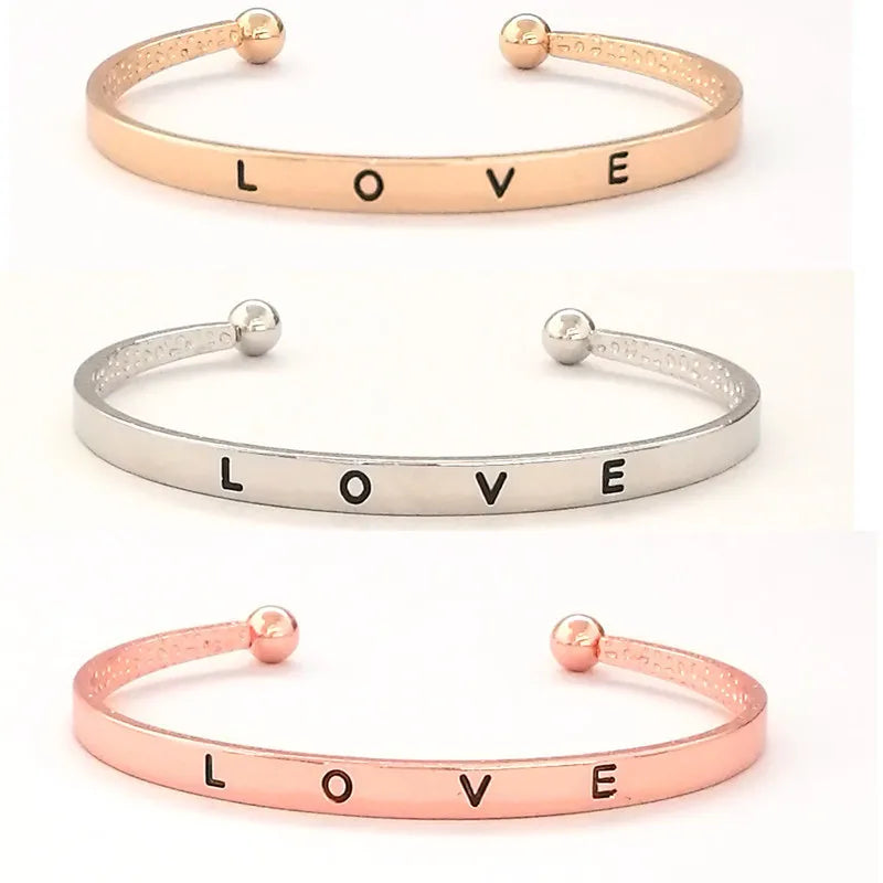 Korean Minimalist LOVE Open Bracelet Metal Engraved Love Bracelet Popular Attractive Couple Style Accessory