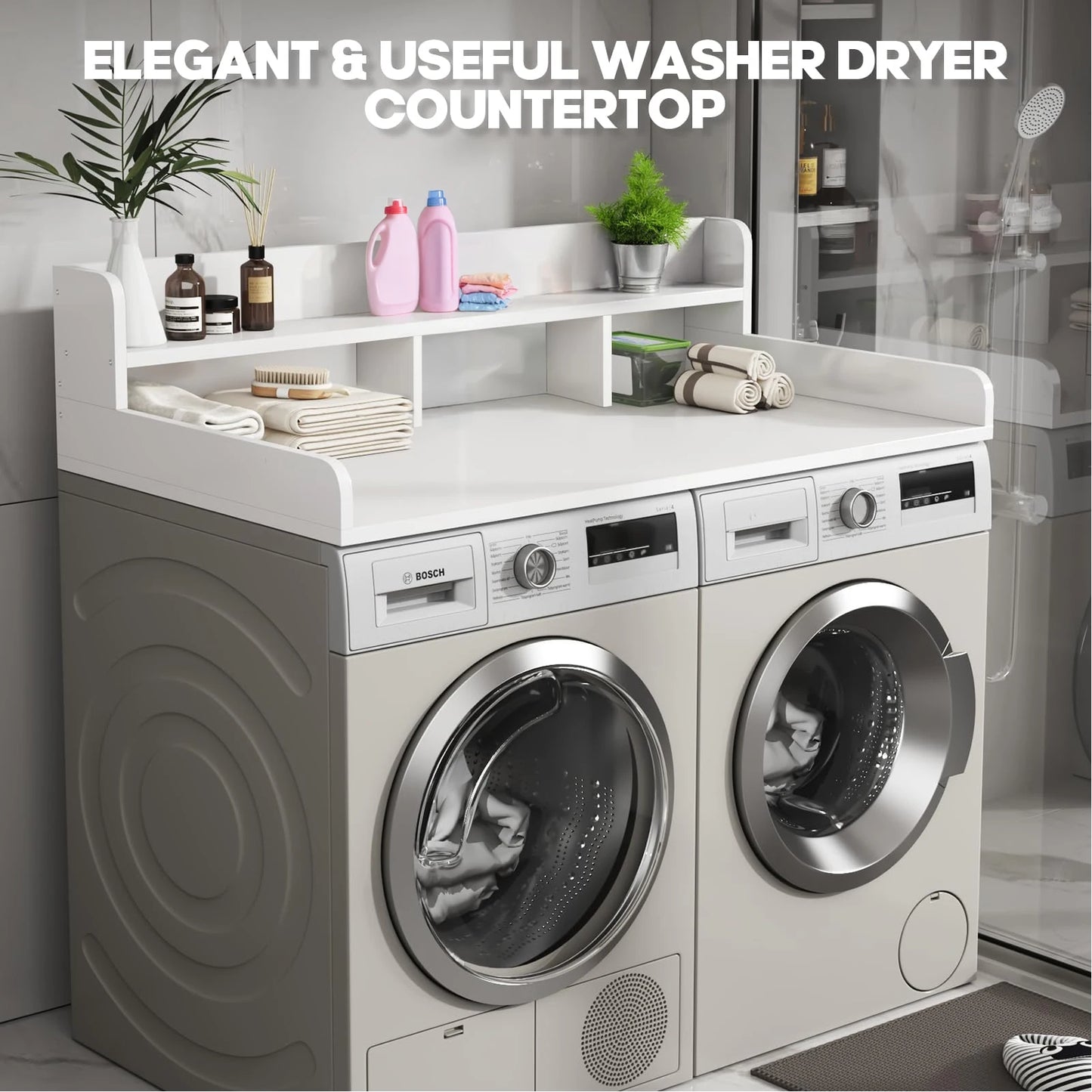 Washer Dryer Laundry Countertop With 2-Tier Storage Shelf & Edge Rails, Laundry Over Washing Top Protector For Washer And Dryer