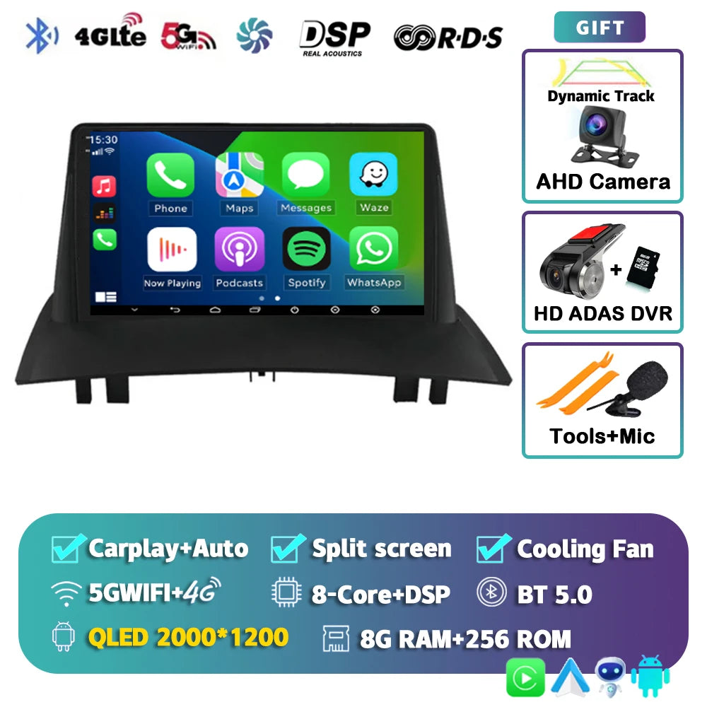 Android 15 For Renault Megane 2 2002-2009 2K QLED Android Car Radio Multimedia Video Player GPS Stereo CarPlay 4G Navigationv BT