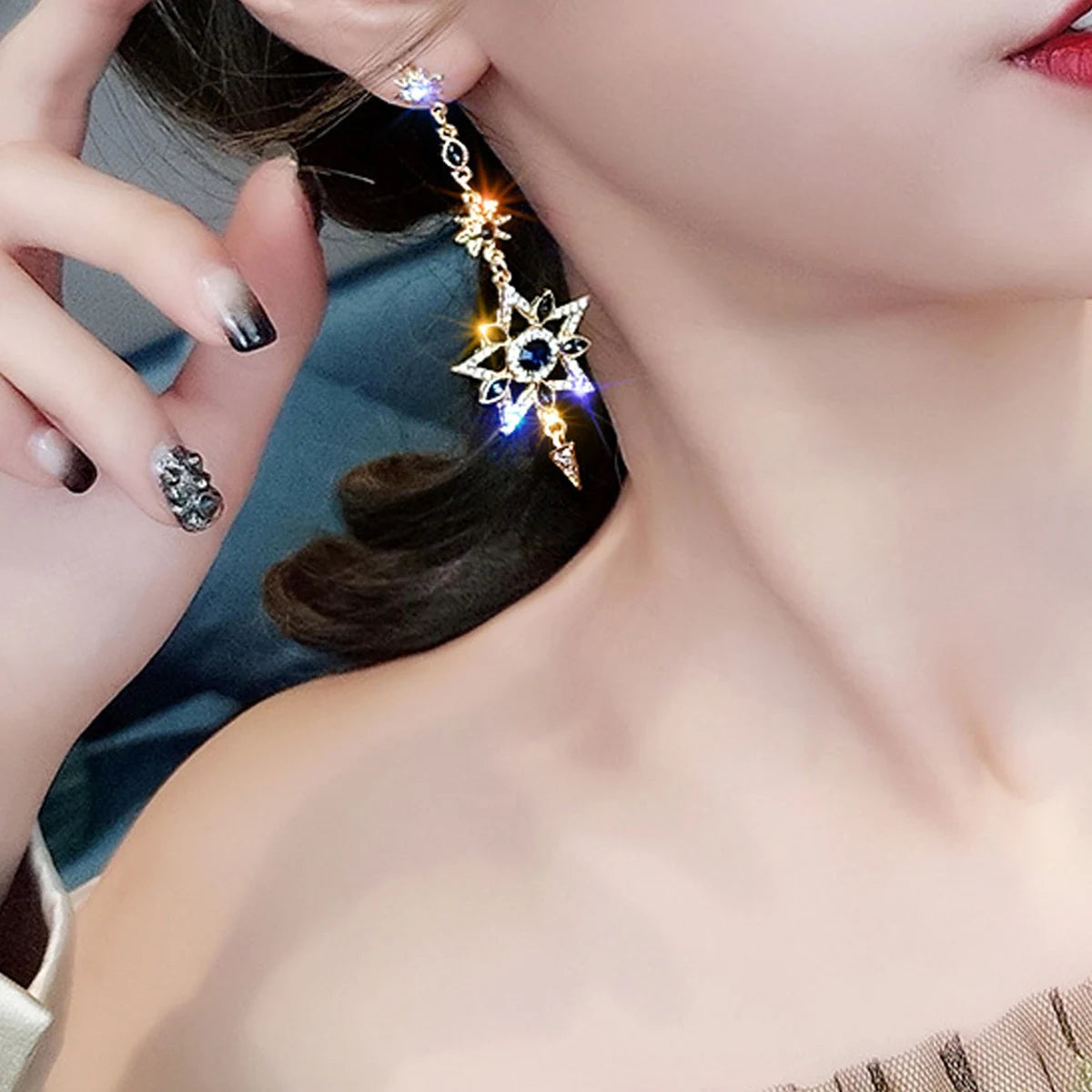 Elegant Silver Color Asymmetric Star Moon Earrings Long Statement Tassel Sparkling Personalized Earrings Jewelry