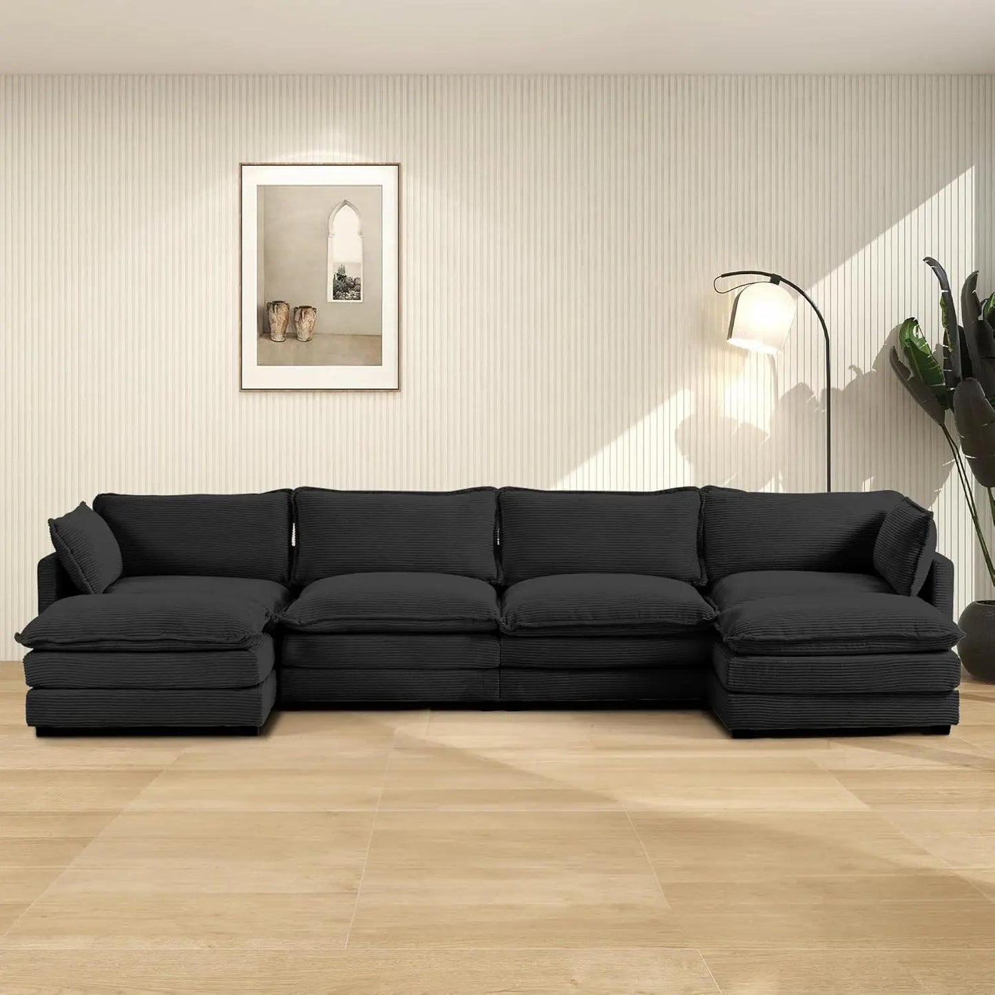 Oversized Modular Sectional Sofa with Movable Ottoman, 112 Inch 4 Seat Modern Corduroy Sofa Set, Convertible L Shaped Couch