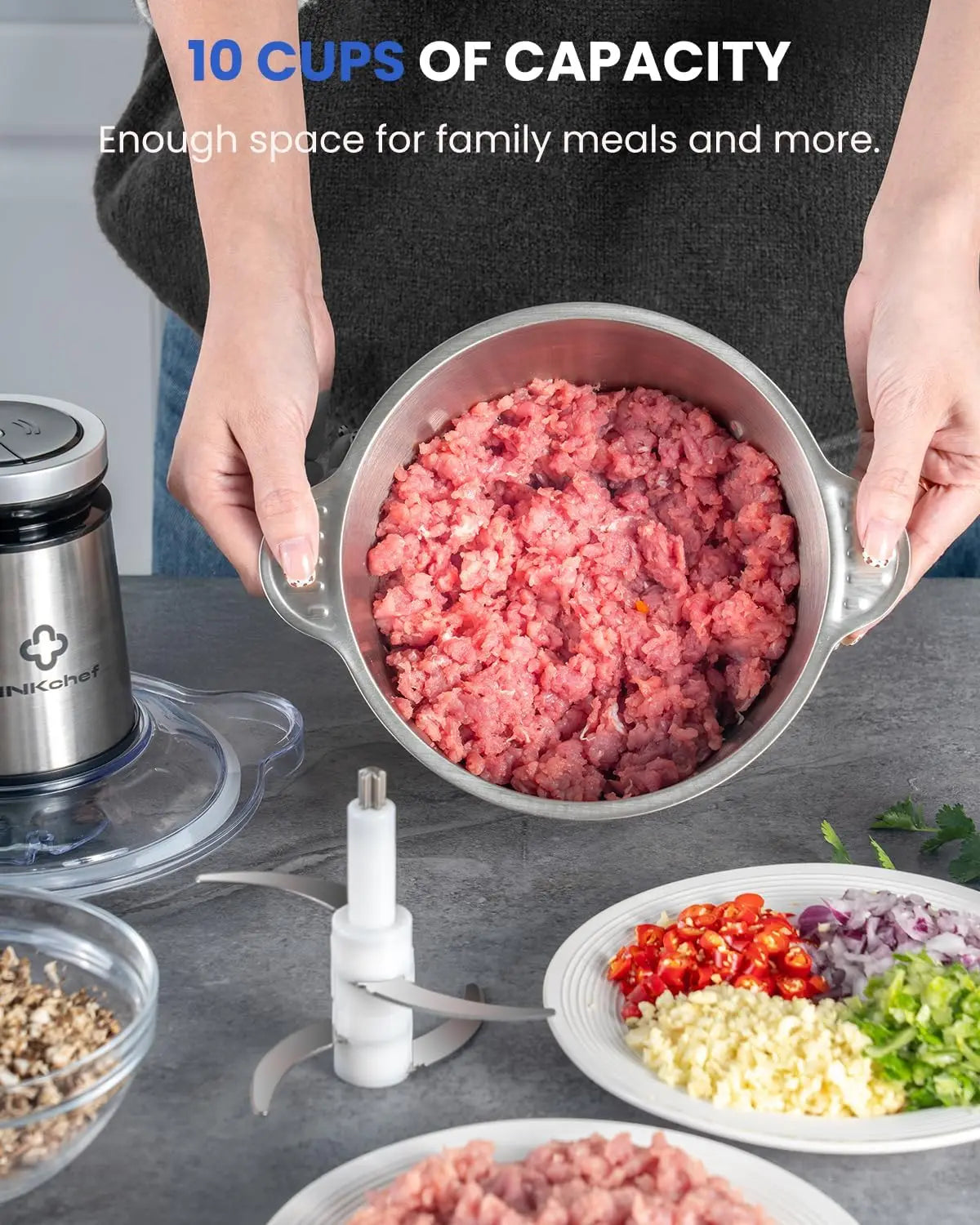 Food Processor Small, 10 Cup Food Chopper with Container, 2.3L 600W Electric Meat Grinder for Home Use, StainlSteel Mini Food