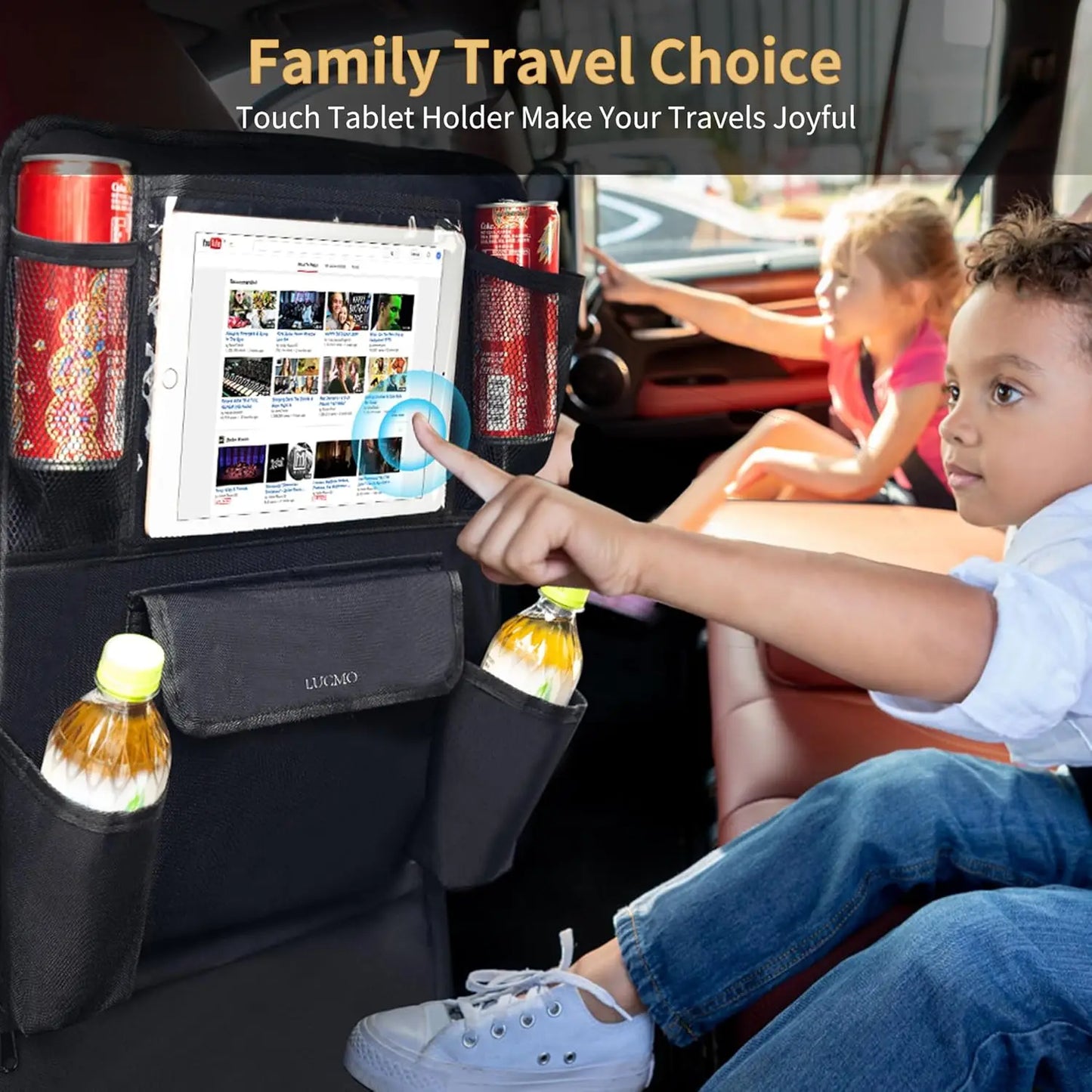Car Backseat Organizer with Touch Screen Tablet Holder, 9 Storage Pockets for Kids Travel Accessories - Black