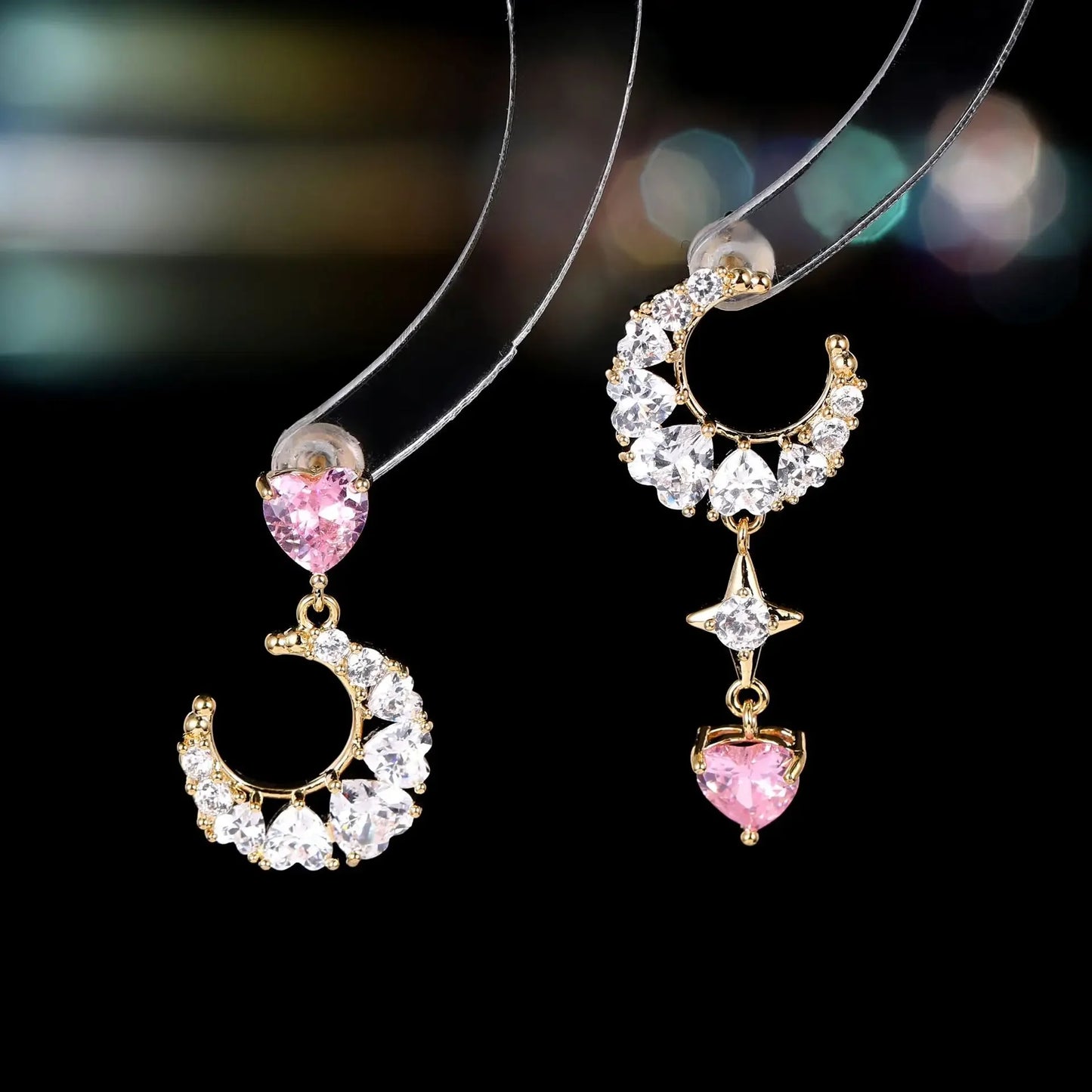 sweet moon earrings women girls asymmetric AB small heart drop white pink jewelry daily wear