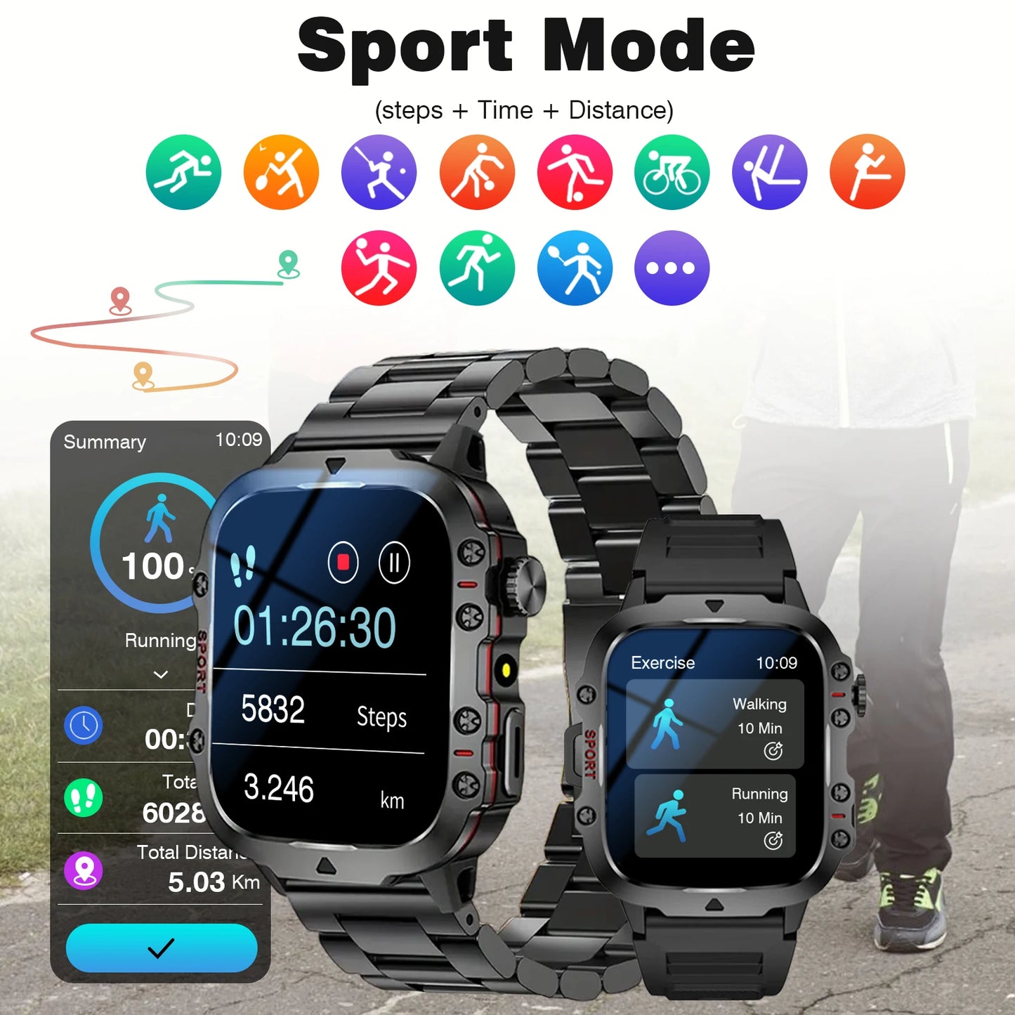 Smart Watch with Flashlight, Bluetooth Calling, Message Reminder, Stainless Steel Strap, Compatible with IPhone/Android