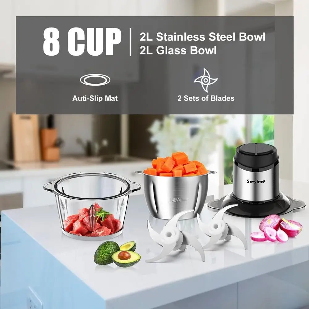 Electric Meat Grinder and Vegetable Chopper, 2 Bowls, 8 Cup Capacity, 350W, Bi-Level Blades
