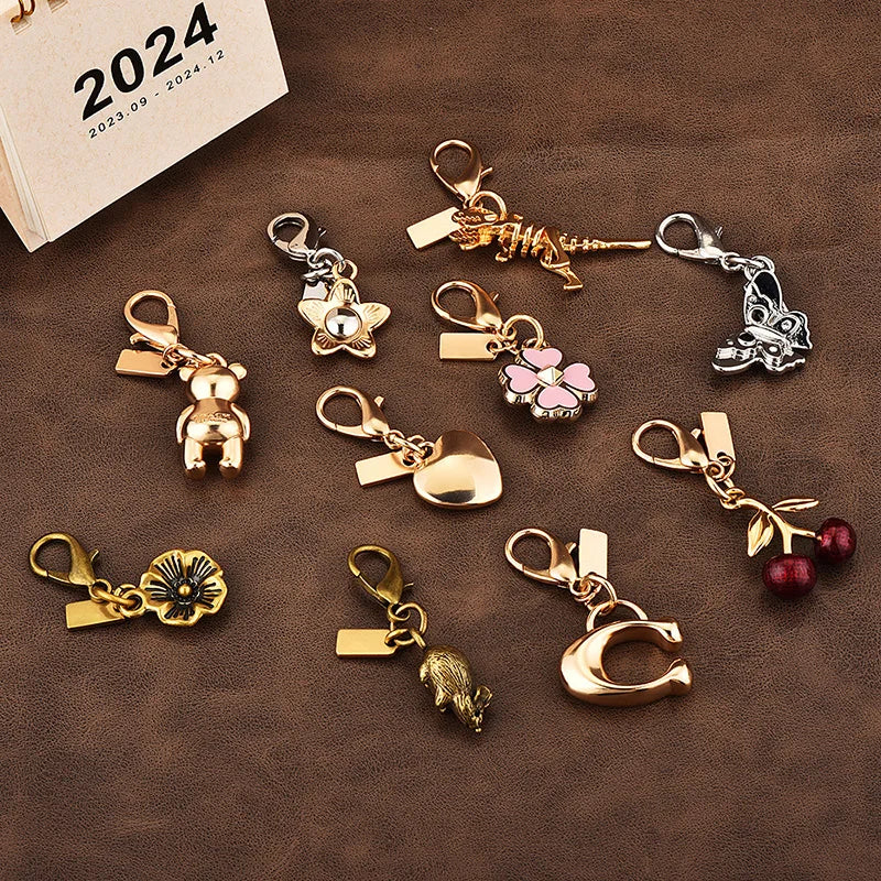 Luxury Keychain Handbag Decoration Car Key Pendant Cherry Golden Bear Keyring for Backpack Jewelry Accessories Surprise Gifts