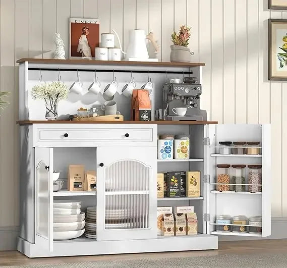 48” Coffee Bar Cabinet with Glass Doors, Wood Kitchen Pantry Cabinet with Glass Doors, Green Microwave Cabinet，Kitchen Cabinets