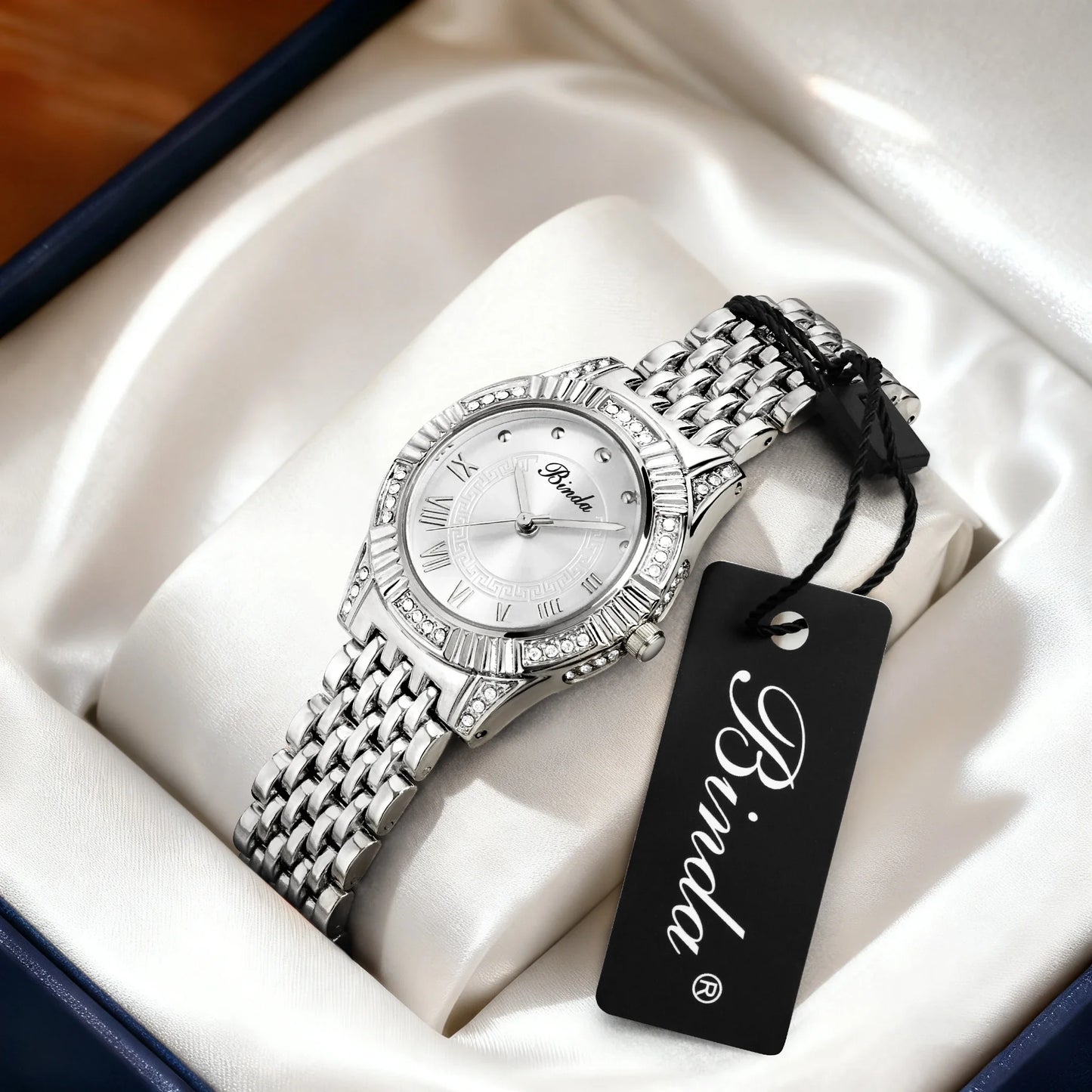 Binda Women's Fully Iced-Out Quartz Watch, Elegant Round Dial, High-Quality Rhinestones, Multi-Color Options, With Gift Box