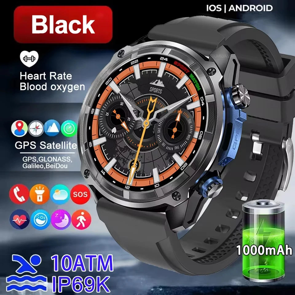 New Men Outdoor GPS Map AMOLED Smart Watch 1000mAh Ultra Large Battery 10ATM Waterproof Bluetooth Call Sports Fitness Smartwatch