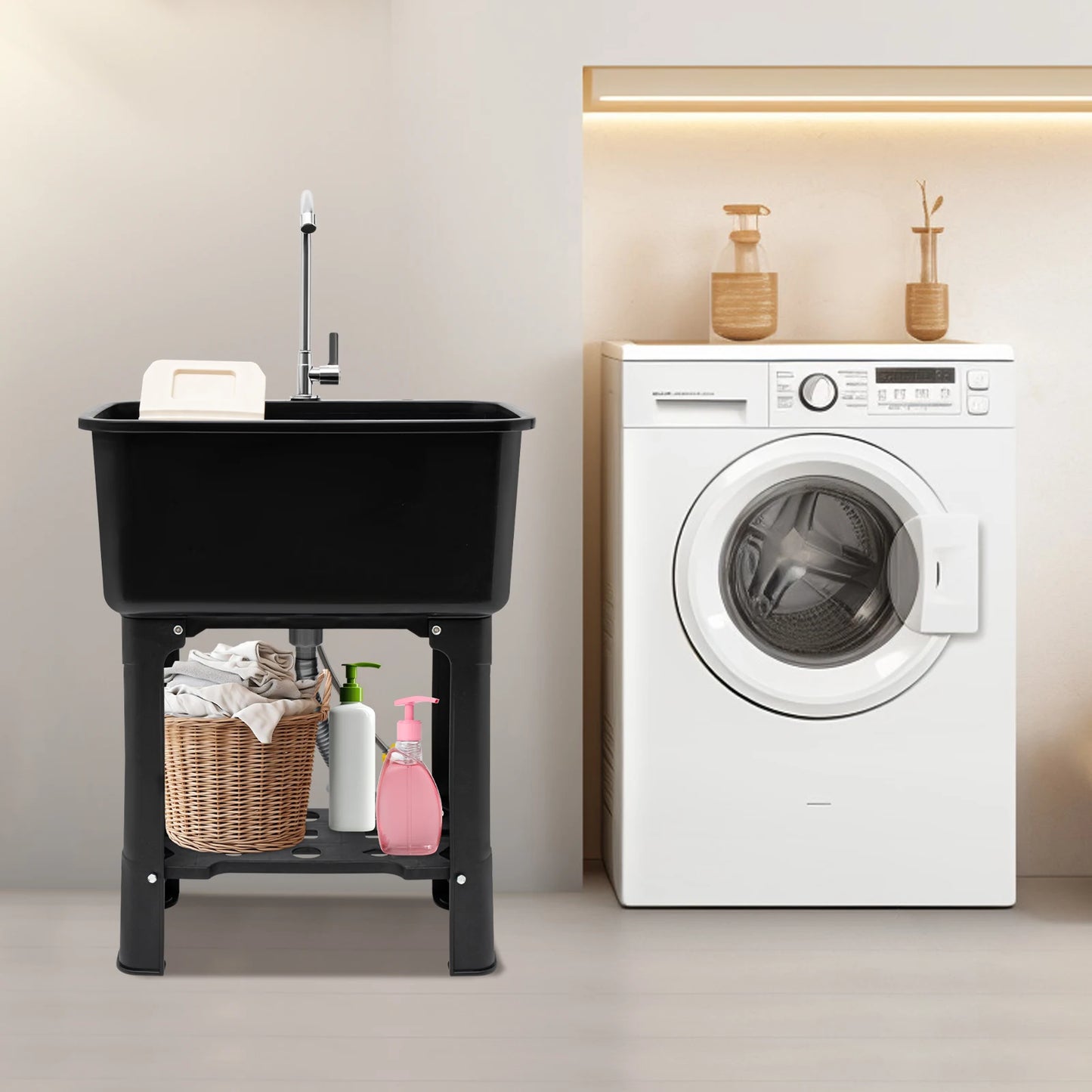 Utility Sink with 360° Faucet, 48L Large Capacity Laundry Sink for Cleaning Kitchen Garage, PP Freestanding Sink with Washboard