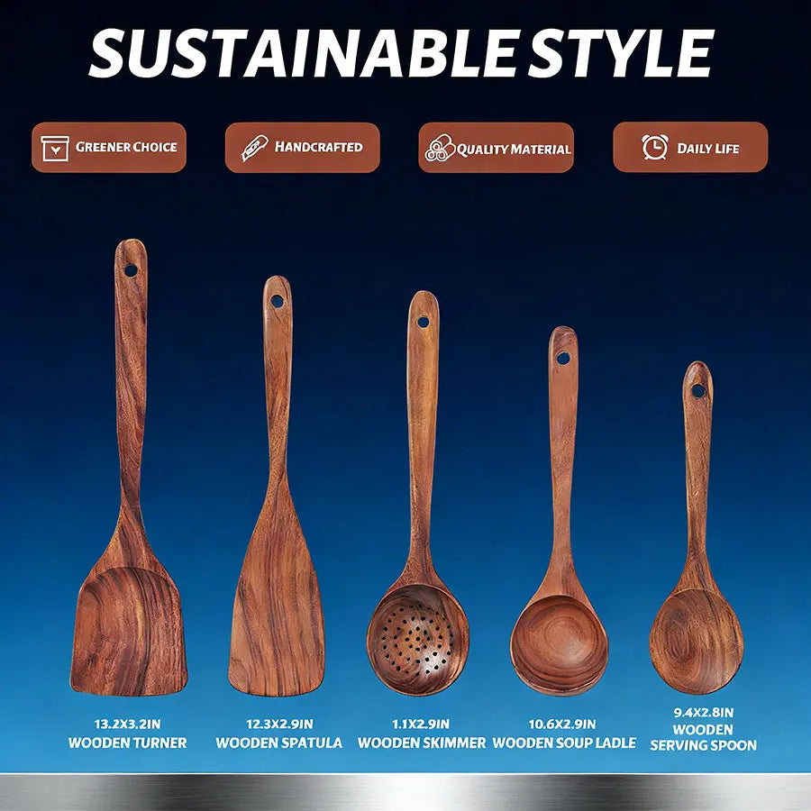 5-Piece Wooden Cooking Utensil Set, Durable Easy to Clean Kitchen Tools with Turner, Spatula, Skimmer, Soup Ladle Serving Spoon