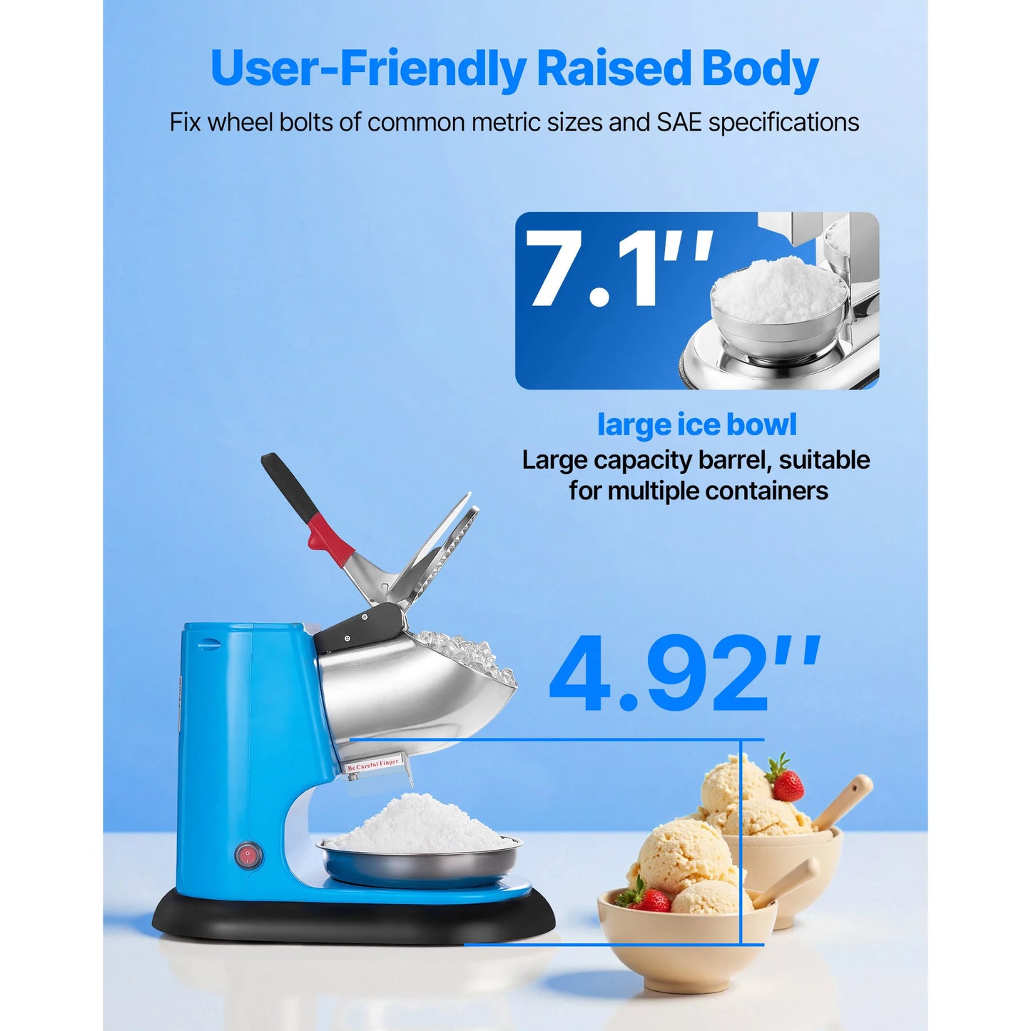 SucceBuy Ice Crusher Machine 220lb Per Hour Electric 4 Blades Snow Cone Maker Stainless Steel Shaved Ice Machine with Bowl Cover